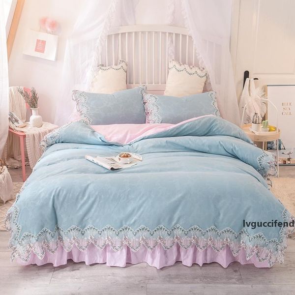 

korean style lace edge washed cotton flat bed sheet duvet cover set pink girls twin  king 3/4pcs