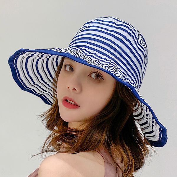

folding empty large sunscreen eaves sunscreen women's fashion striped hat korean casual sun hat, Blue;gray
