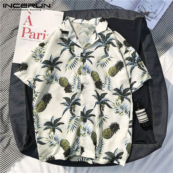 

men's casual shirts incerun 2021 men shirt print short sleeve cotton streetwear holiday beach hawaiian blouse camisa masculina 5xl, White;black