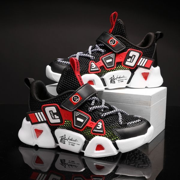 

new dad boys' sports sports korean style fashion running shoes hollow single mesh frame shoes, Black