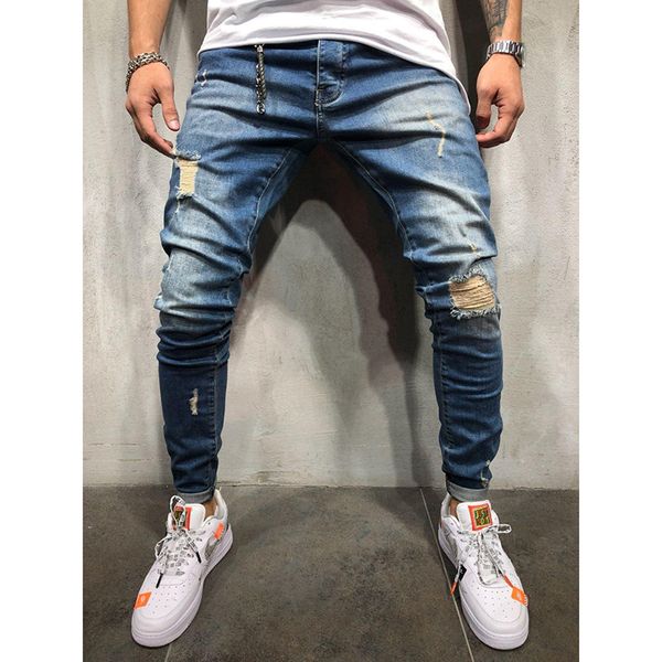 

men's sweatpants hole jeans pants casual summer autumn male ripped skinny trousers slim biker outwears pants, Blue