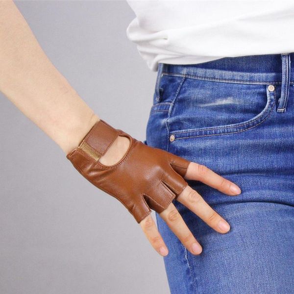 

women' half finger real leather gloves pure sheepskin brown white red fingerless women' gloves tb10, Blue;gray