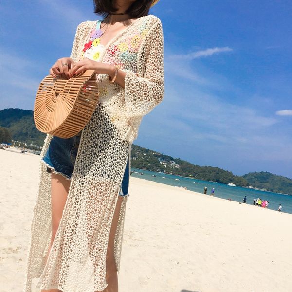 

lace sun-proof lace cardigan women's new loose hollow beach beach vacation sun-proof coat mid-length thin coat, Black;red