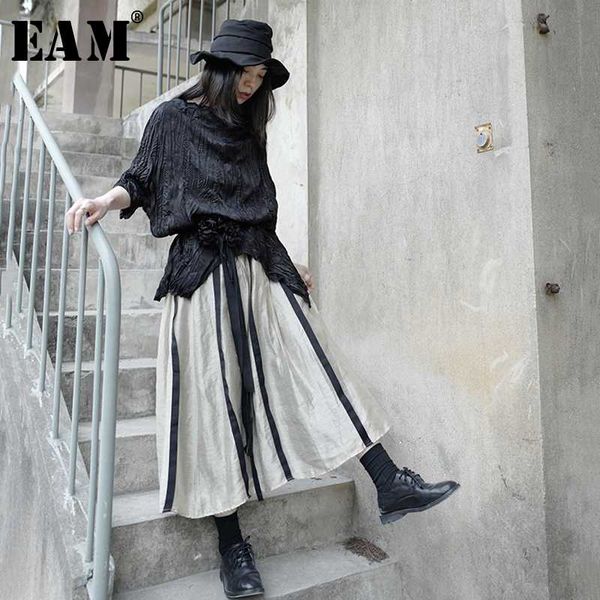 

eam] high waist khaki striped linen split joint elegant long half-body skirt women fashion tide new spring summer 2020 1x659, Black