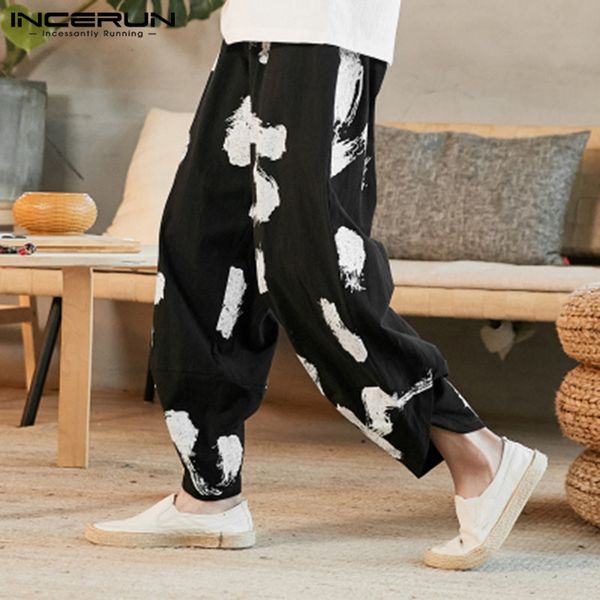 

incerun mens harem pants man casual printed joggers loose vintage pantalones elastic waist pockets trousers streetwear plus size, Black