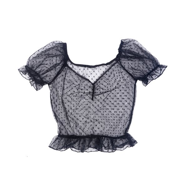 

womens clothing puff sleeve sweet women mesh see through lace shirt transparent polka dot blouse crop, White