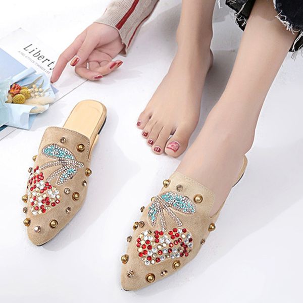 

women rivet rhinestones slippers fashion muller female shoes ladies casual women's low heel woman metal pointed toe footwear, Black