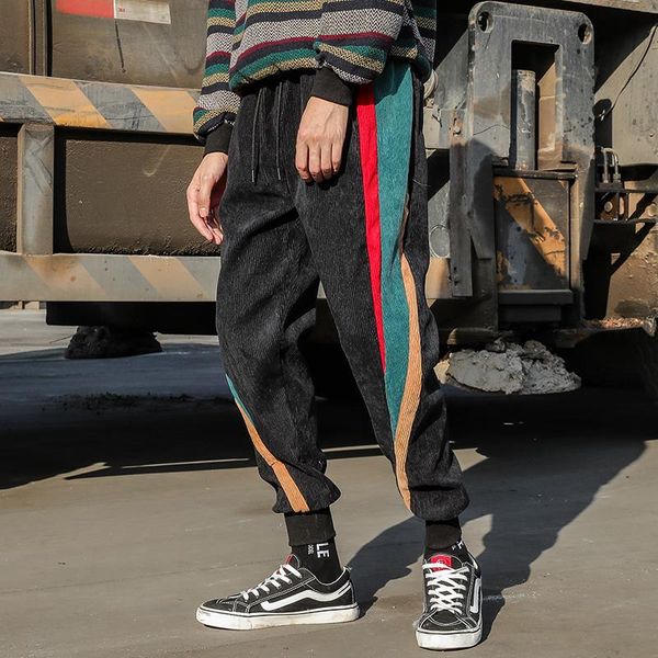 

men's pants idopy men`s fashion corduroy patchwork ankle cuffed drawstring elastic waist winter warm harem trousers, Black