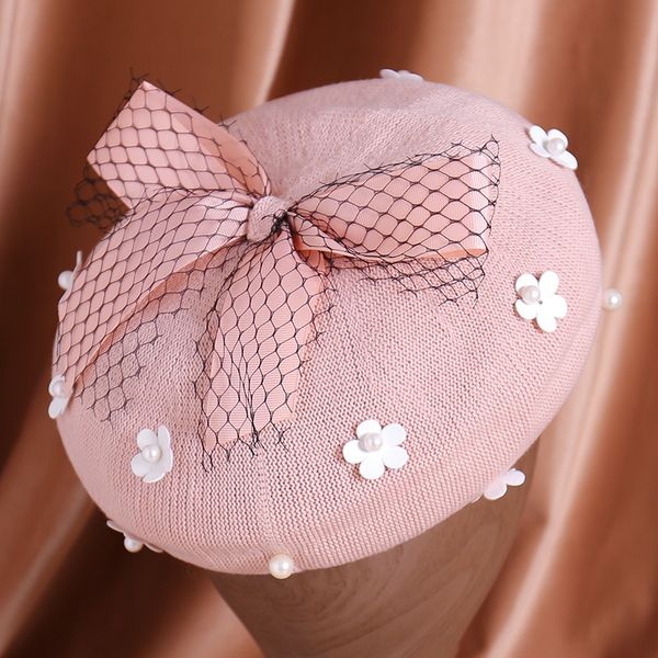 

ladies fashion sweet pearl flower knitted warm beret beret painter hat warm cotton hat female, Blue;gray