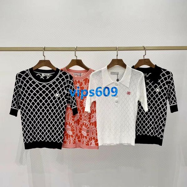 

2020 high end ladies girl knitted t-shirt color matching lattice with letter priting short sleeve blouse shirt tee fashion womens pullover, White