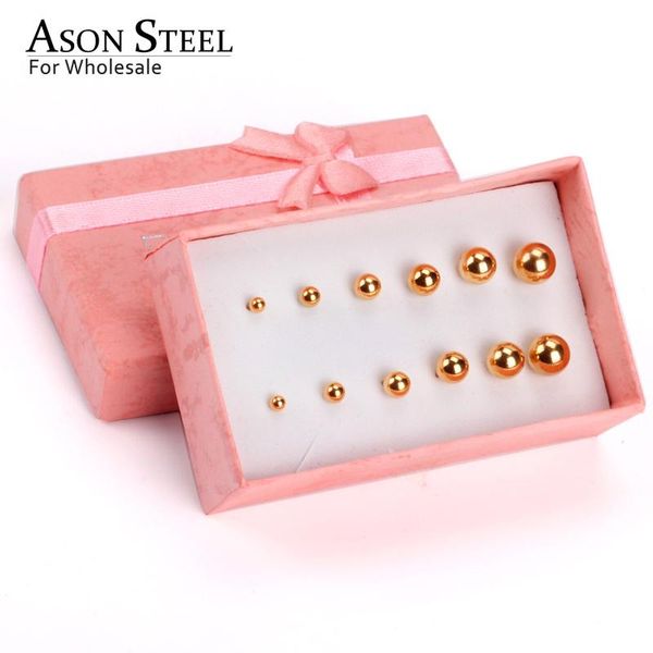 

stud asonsteel earring men rose gold round ball stainless steel 6pairs/box sets fashion small jewelry for women brinco, Golden;silver