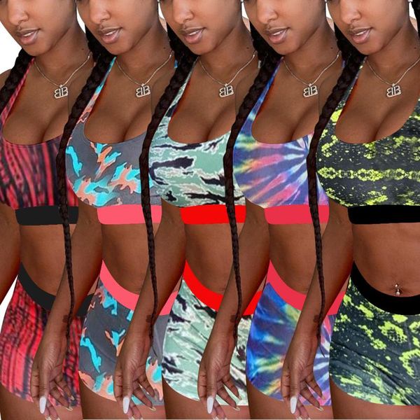 

2 pcs women print outfits sleeveless round neck tank elastic waist shorts casual tracksuit, Gray