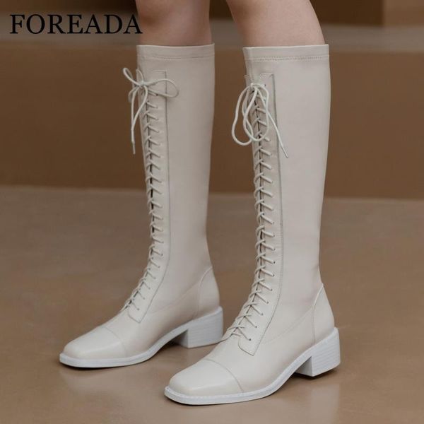 

boots foreada med heel knee high real leather woman lace up block shoes square toe female long autumn winter, Black