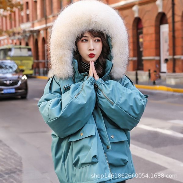 

tma7z women's 2020 new short korean style down jacket hoodie down jacket loose large fur collar hooded style overcome fashion leisure t, Black