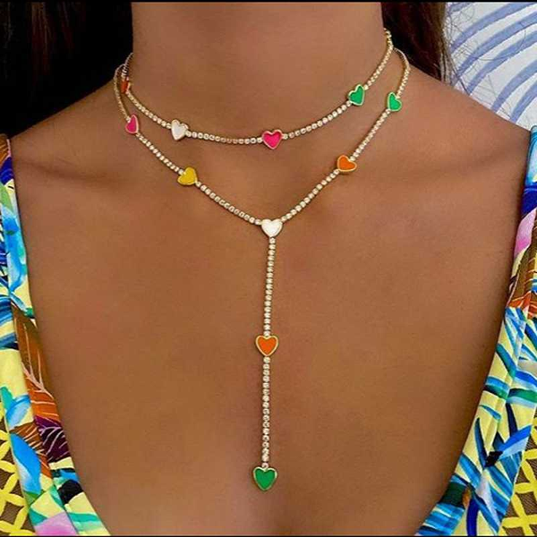 

pinky white red green colorful girl women jewelry pastel candy enamel heart charm choker chain long y lariat women necklace, Silver