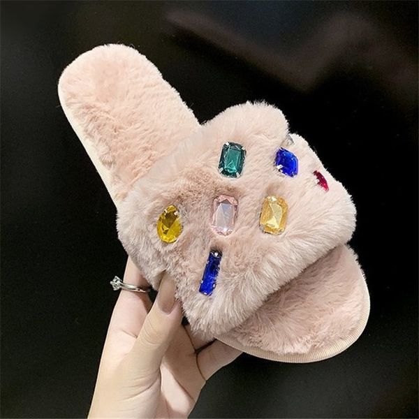 

winter women home fur slippers fashion warm cute cartoon non-slip shoes woman furry slides female fluffy slippers size 36-41, Black