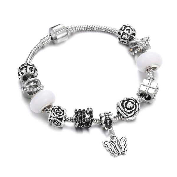 

charms bracelet women pink crystal beads snake chain flower butterfly net pendant charm fashion bangles jewelry girl luxury gift, Red;blue