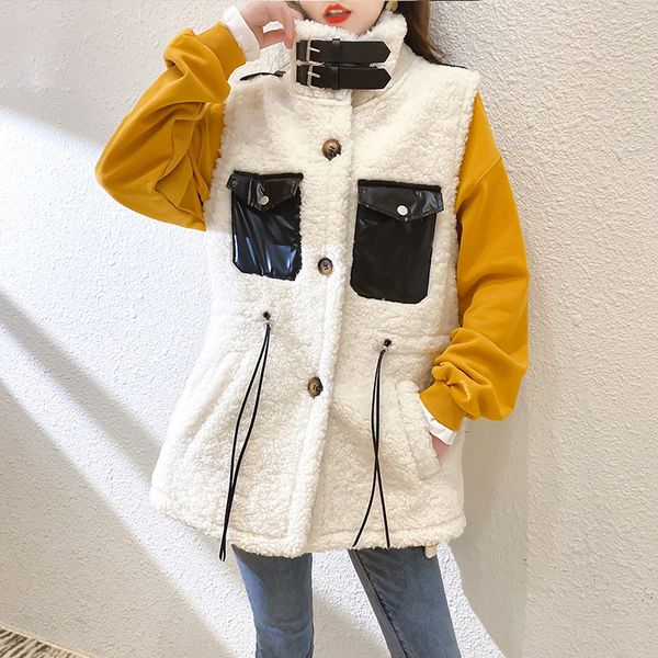 

lamb hair vest women 2020 new autumn winter retro loose sleeveless jacket waistcoat women's hooded vest waistcoat outer wear, Black;white