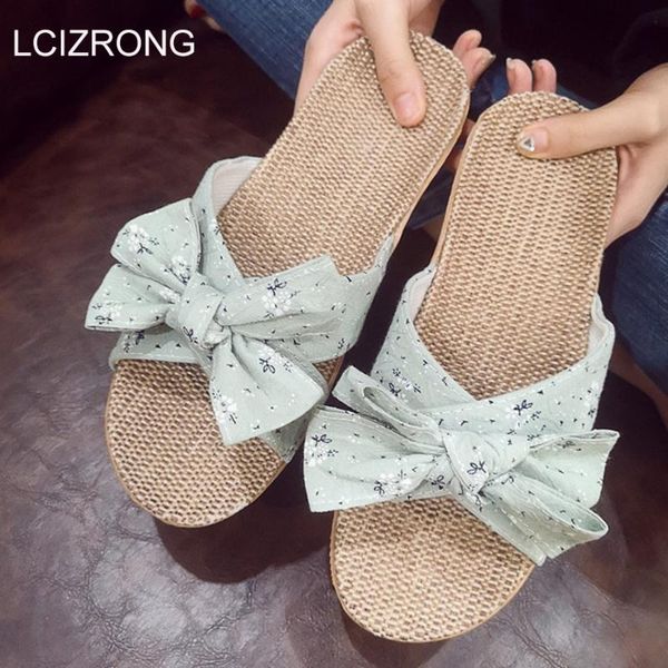 

lcizrong new fashion womens designer shoes butterfly-knot slippers linen beach ladies flat shoes indoor home slippers, Black