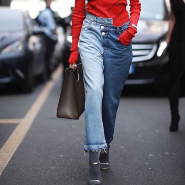 

Jean femme 2019 Spring Women's Blue Patchwork Wide Leg Jeans