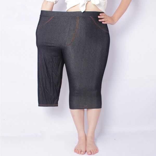 

весна и лето высокие упругие сексуальные искусственные джинсы гетры до колен брюки высокой талией большой 5xl имитация denim legging, Black