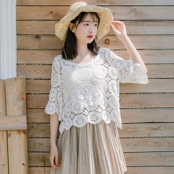 

women hollow lace blouses flower shirt female white blouse summer sunscreen shirts