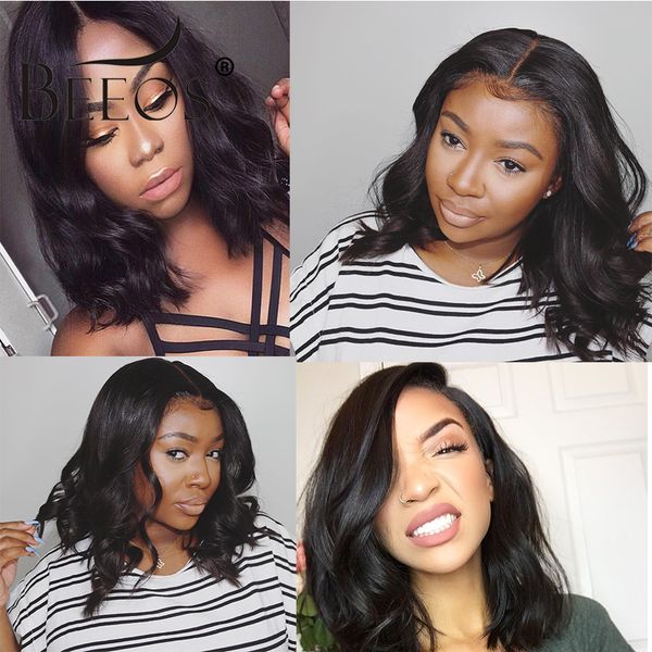 

beeos short water wave wigs side part for women lace frontal wig remy brazilian natural 150%, Black