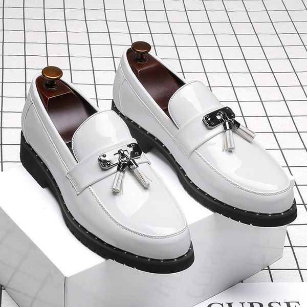 

mens casual party nightclub wear tassels shoes slip on lazy shoe breathable patent leather loafers oxfords sneakers chaussures, Black
