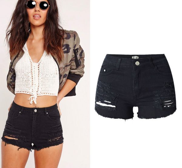 

high waist hole black shorts women vintage euramerican robek ripped denim shorts tassel push up jeans mujer, White;black