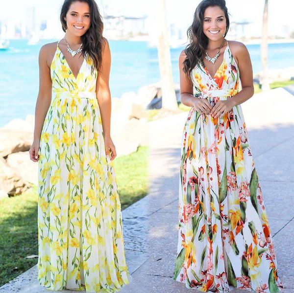 

11 styles summer women designer dresses fashion v neck floral print boho beach dress sleeveless braces skirt dresses s-2xl wholesale, Black;gray