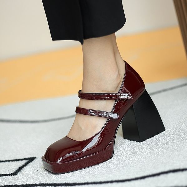 

classic retro design leather pumps super high heel square toe ankle strap ladies platform party wedding dress shoes woman pumps, Black