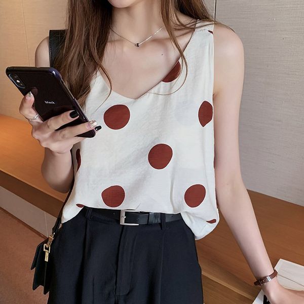 

women's tanks & camis 2021 summer women tank casual loose sleeveless polka dot blusas, White