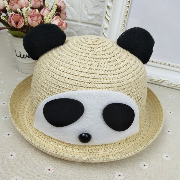 

korean children's sun sun panda straw sunscreen outdoor travel shading cute cartoon animal hat summer tide hat, Blue;gray
