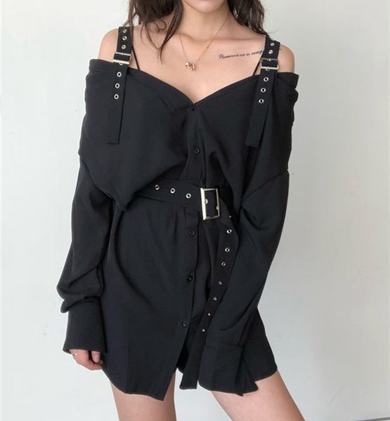 

punk black v neck strapless long sleeve long shirt women dress, White