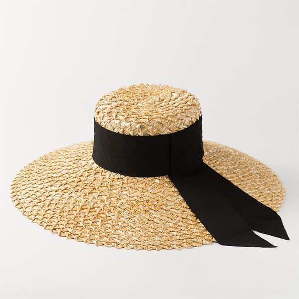 

summer new hand woven pattern wheat bow ribbon butterfly straw straw hat beach tourism sunscreen flat basin hat, Blue;gray