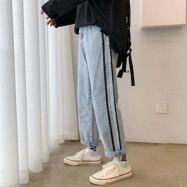 

autumn new striped straight pants trendy and jeans korean style loose jeans trendy brand all-match pants for men, Blue