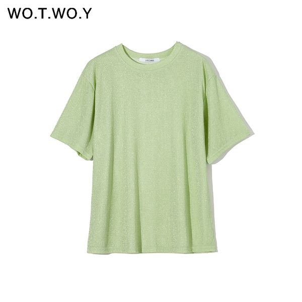 

wotwoy summer glitter basic t-shirts women short sleeve o-neck knitted female 2020 shiny solid tee woman harajuku korean, White