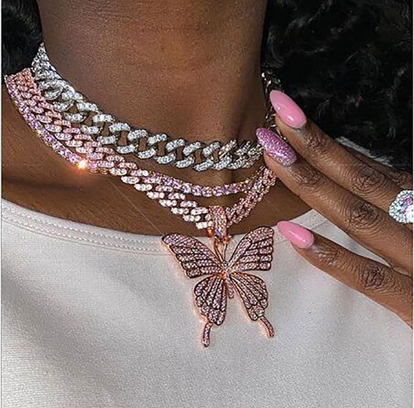 

14k iced out butterfly pendant necklace 9mm pink cuban chain cubic charm pink tennis chain necklace zircon men hiphop jewelry, Silver