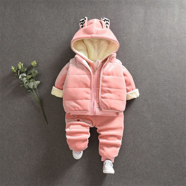 

children's clothing winter korean boy baby infant children's suit long sleeve vest hooded zipper pants 3pcs kids clothes, White