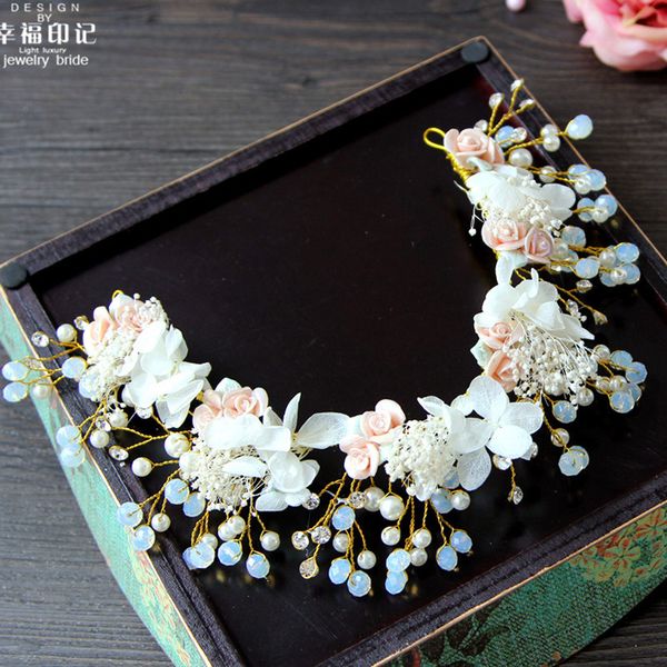 

brides hairpins tiara handmade ceramic crystal flower garlands earring 2 piece wedding dress accessories barrettes h040 mx200727, White;golden