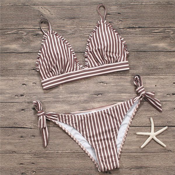 

2020 bikini set push up women swimwear swimsuit female striped swim suit ruffle frilled bikinis tie spandex bottoms, White;black