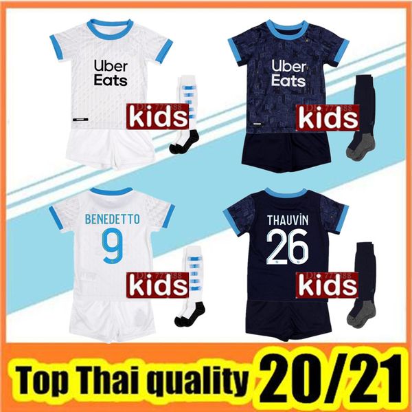 

kids jerseys 2020/21 olympique de marseille soccer jersey om maillot 2020 2021 payet thauvin benedetto football shirt kids kit sets+socks, Black;yellow