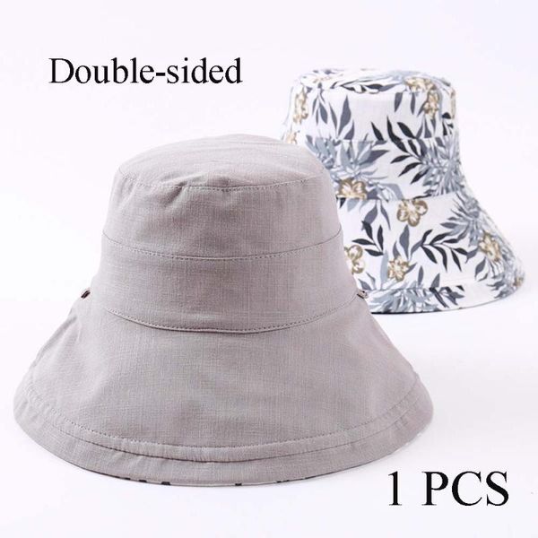 

practical double-sided sun hats anti-uv wide brim cotton linen sun hat for women vacation summer beach visor cap, Blue;gray