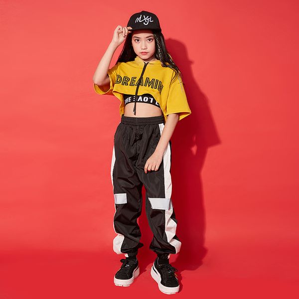 

yellow jazz dance costumes hip hop kids short sleeve hooded vest pants girls hiphop clothes street dance stage show wear, White