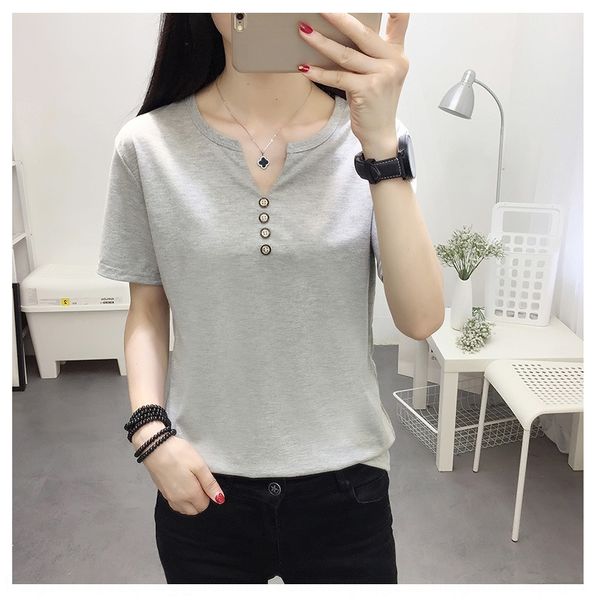 

сплошной цвет хлопка футболки женщин v-образным вырезом 2020 новый корейский стиль куртки хлопка футболки женщин короткий рукав свободный ве, White