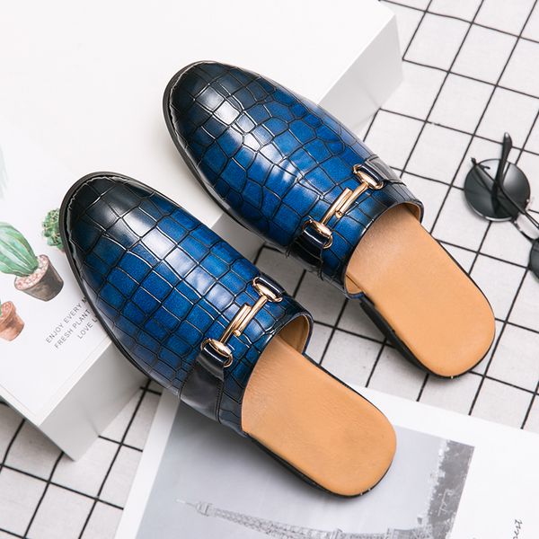 

original men pu leather footwear comfortable half drag loafers man black blue flats shoes for men designer young half slippers