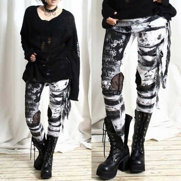 

womens leggings seamless winter plus size 5xl legging cool ultra gathered pants gothic rocker distressed punk pants trousers, Black