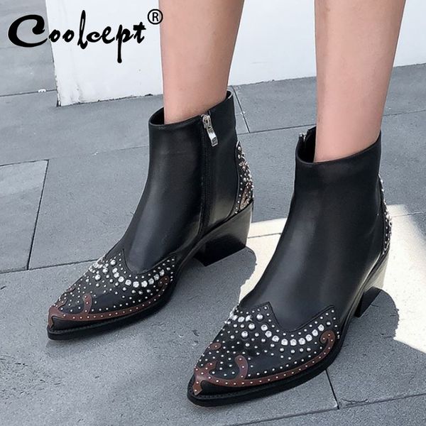 

coolcept women ankle boots genuine leather rivets zipper winter shoes woman retro short boot office lady footwear size 34-39, Black