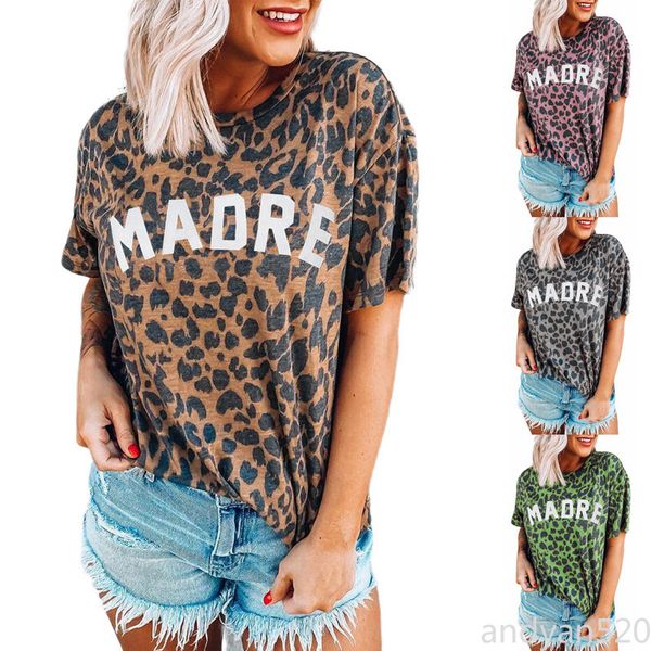 

2020 europe and america spring/summer new women's madre leopard print round neck short sleeve t-shirt, White