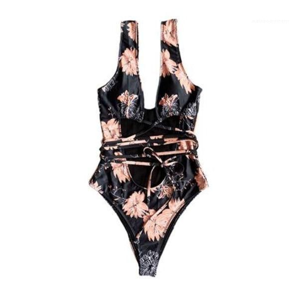 

bohemian beach swimsuit womens deep v neck floral bikini cut out cross bandage floral, White;black